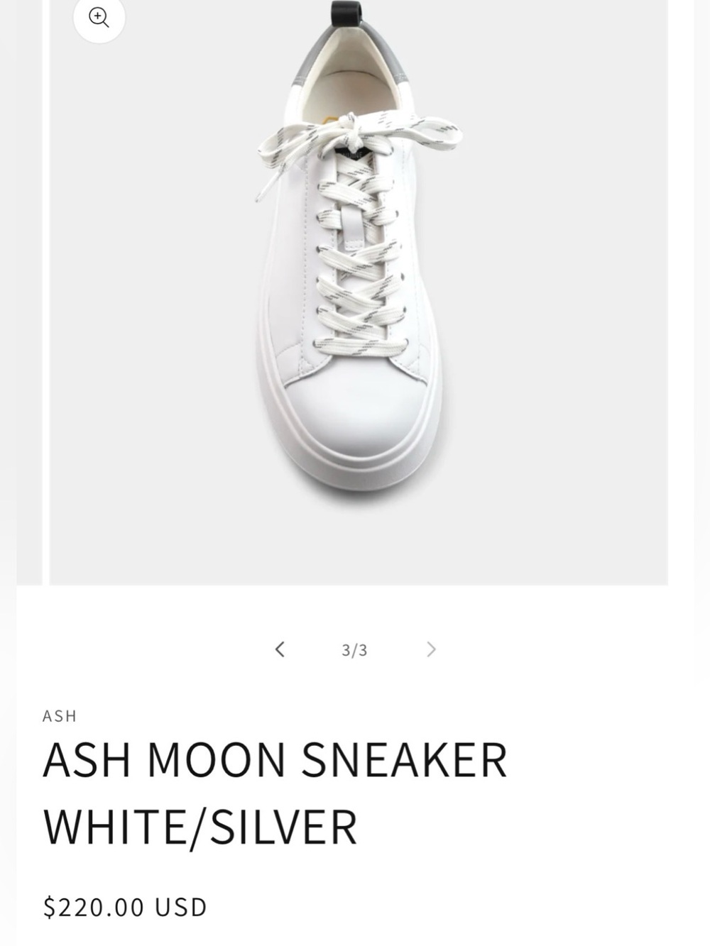 ASH MOON SNEAKER WHITE/SILVER size 37 or 6.5-7USA
